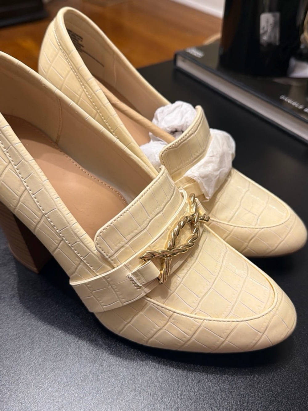 JustFab Cream Croc-Embossed Loafers with Gold Chain Accent